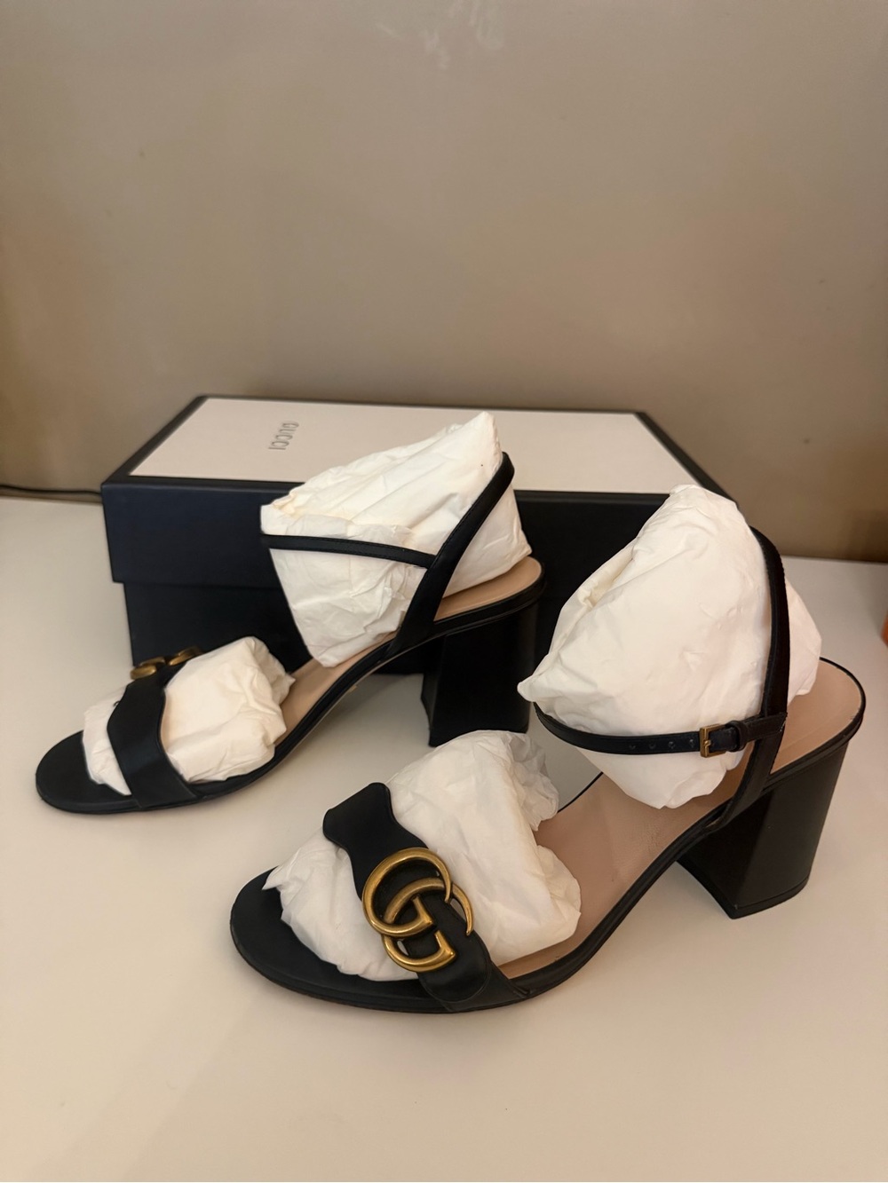 Gucci Black Leather Block Heel Sandals with Gold Double G